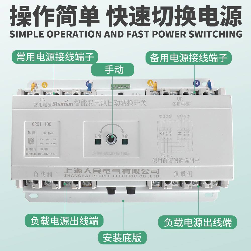 上海人民电气CB级CRQ1M双电源自动转换开关末端型100A400A1250A