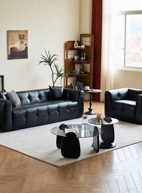 式简约双人黑色皮发沙TPN户型客厅现代意简约直排猫爪皮沙小发组