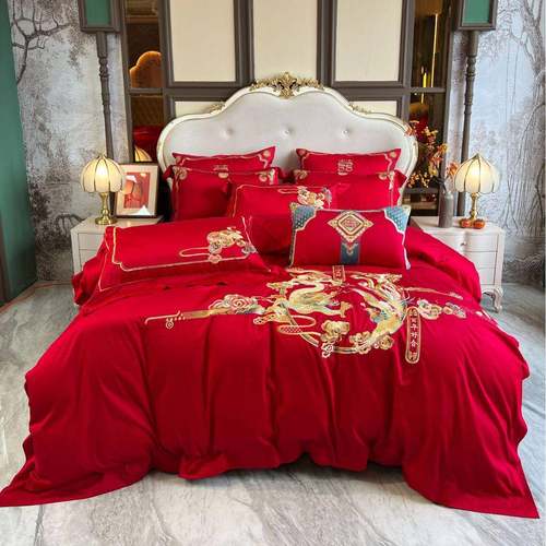 房六件H1161套高端结长凤绒棉龙红色婚四件套纯棉大红陪嫁婚床上