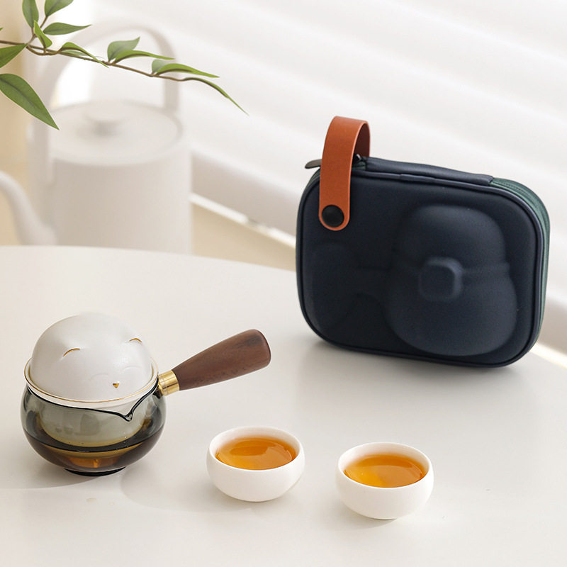 萌猫玻璃侧把便携快客茶具套装