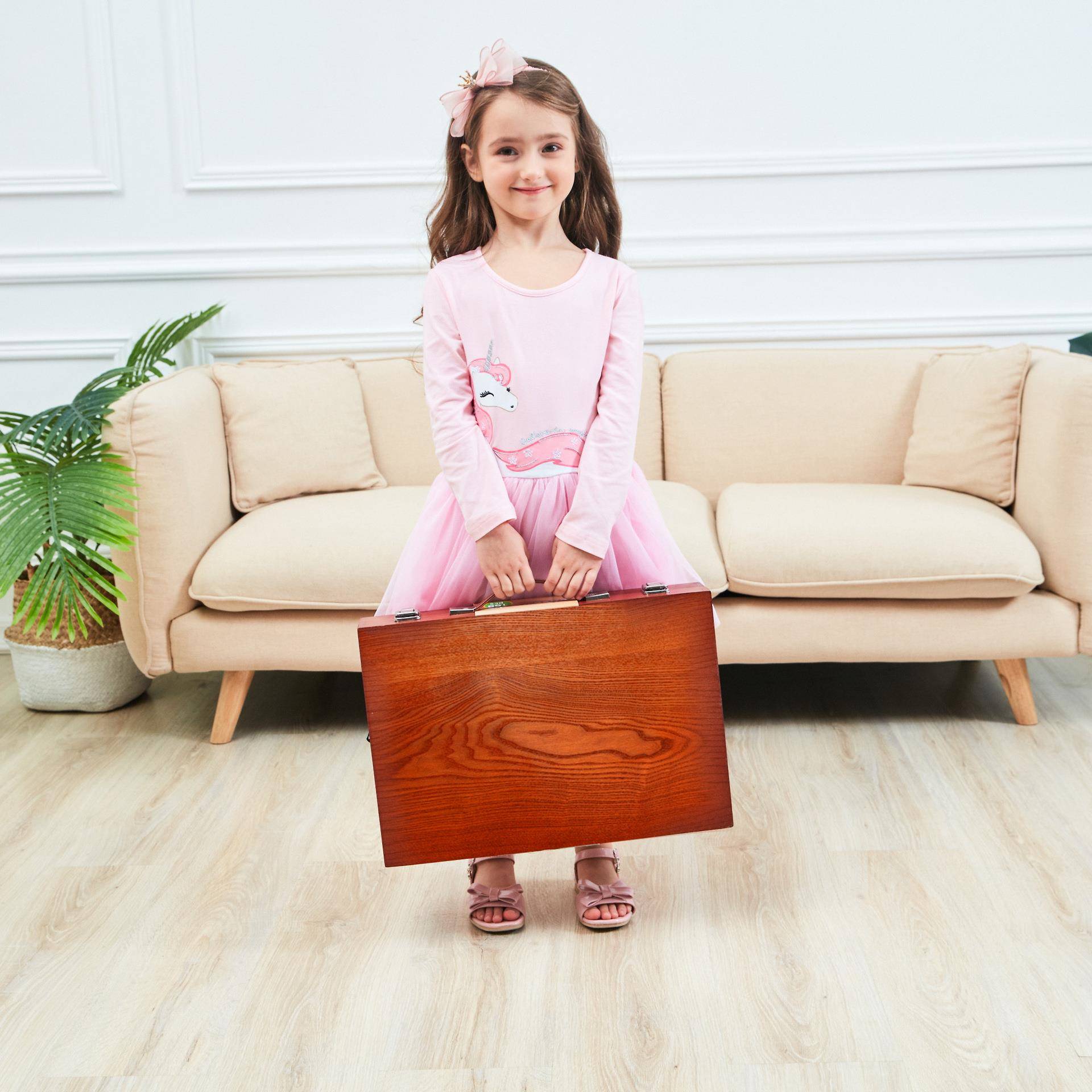 彩印LGO绘画套装画笔蜡笔儿童画174木盒木笔盒颜料画彩笔套装水O