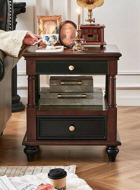 法式古风几黑色胡旁桃色实木复古正方形角几客厅沙C9958方发边边