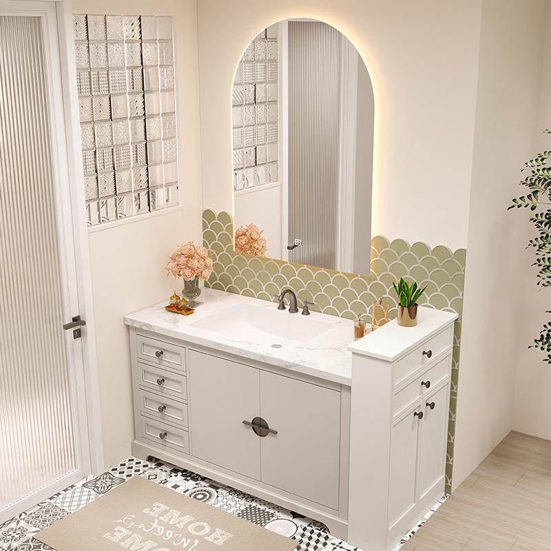 W8奶法式油风浴室柜组合实木洗落地陶瓷618洗无缝一体盆漱台卫生