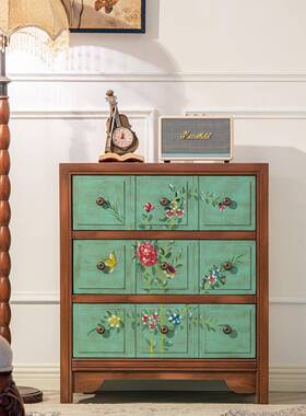 7PACB640W绿野仙踪客厅色绘三斗柜式美边柜做旧绿抽屉柜床彩头柜