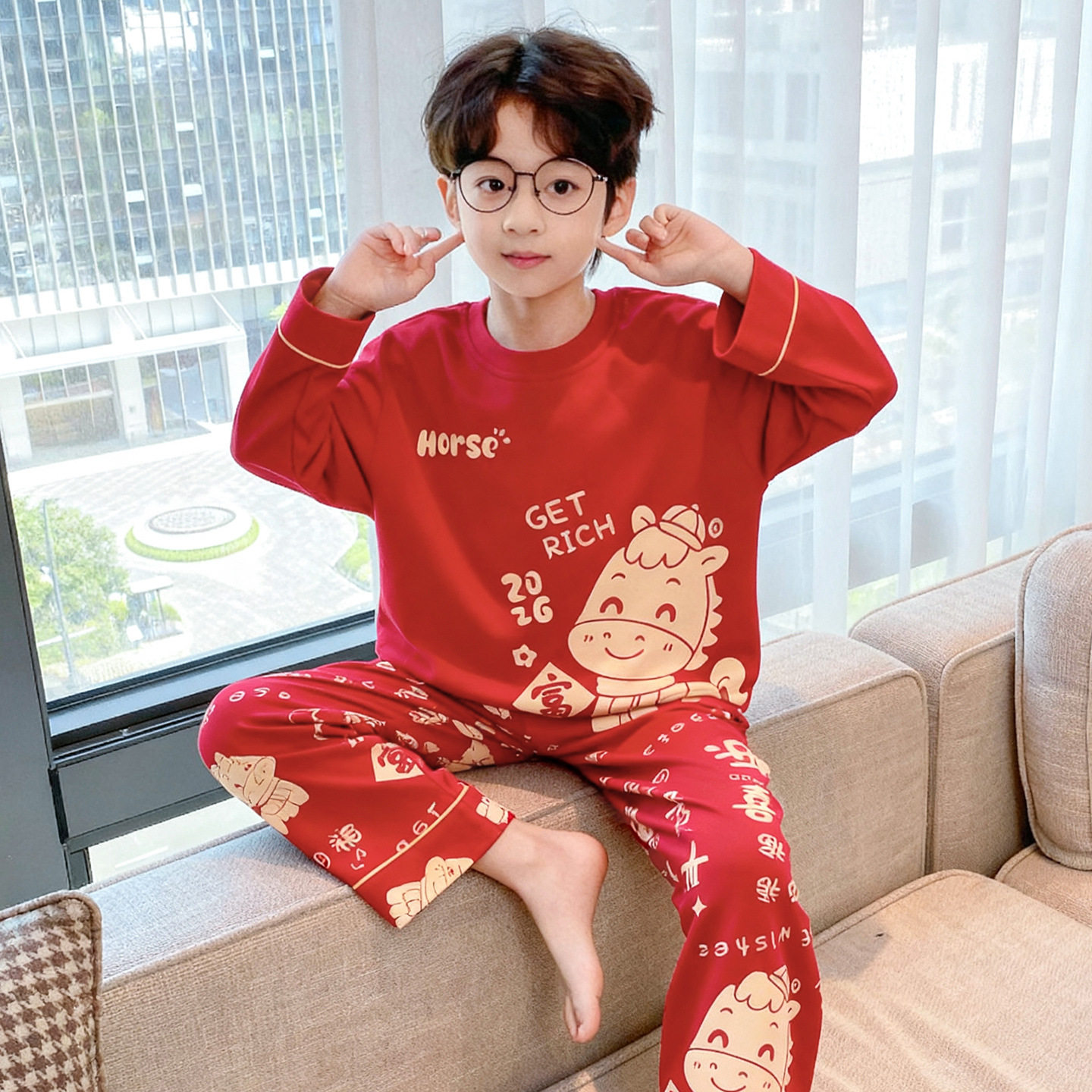 儿童睡衣红色2026马年新款纯棉长袖本命年男童圆领家居服套装