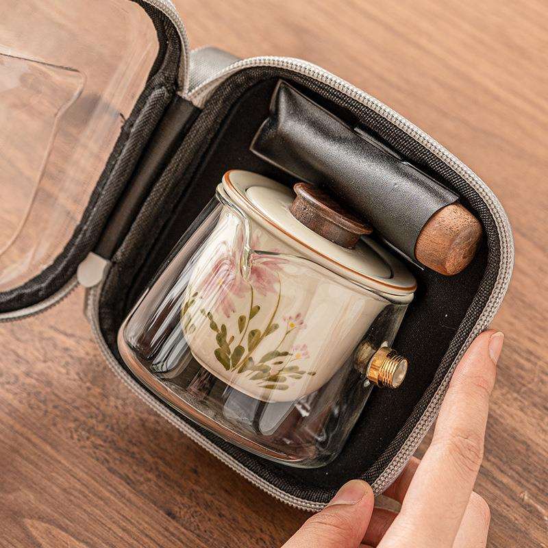 小雏菊手绘旅行茶具便携式陶瓷一壶两杯小套装中式玻璃茶具侧把壶