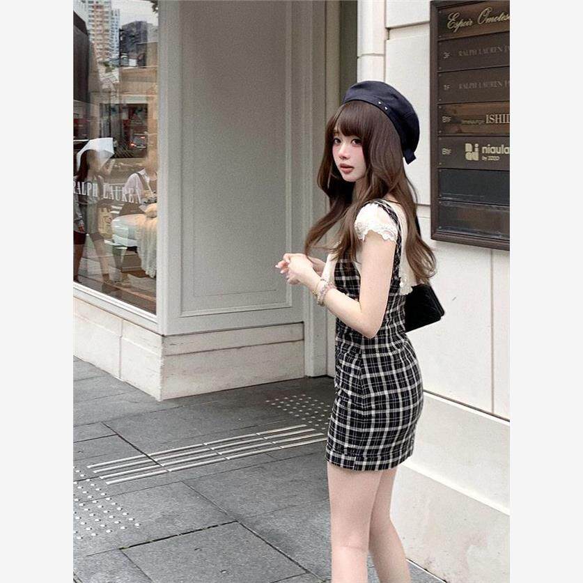 学院风百搭白色蕾丝上衣格纹背带裙两件套小个子收腰显瘦短裙套装