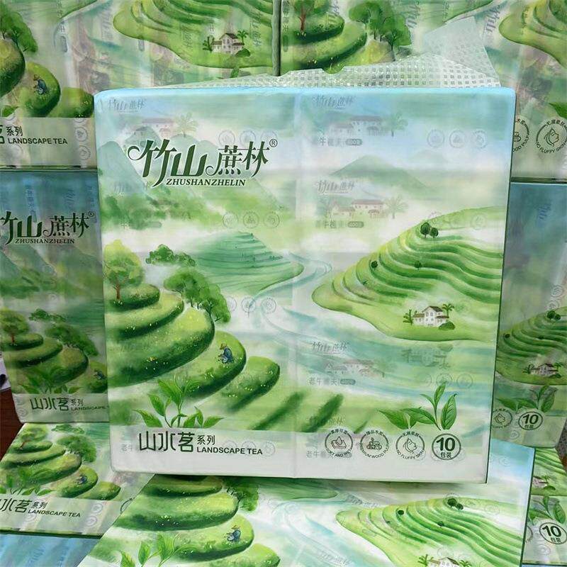 竹山蔗林山水茗老牛樵夫系列餐巾纸原生桨可湿水纸巾大尺寸10包装