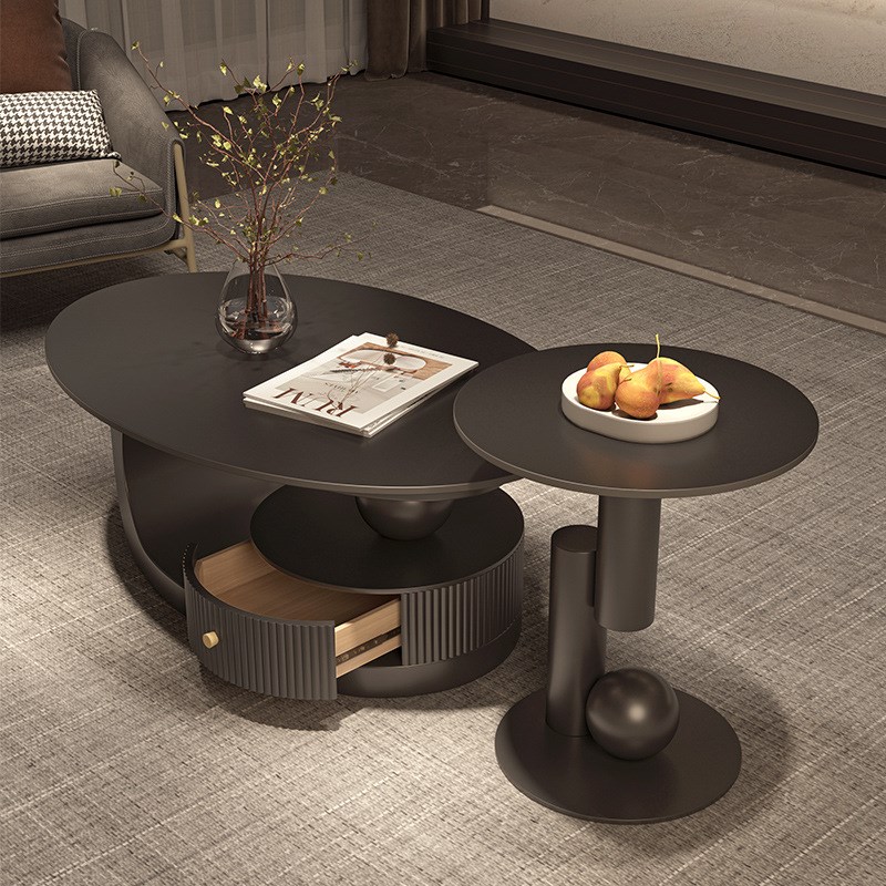 意式家用高级感轻奢岩板椭圆形茶几桌组合小户型现代简约极简客厅