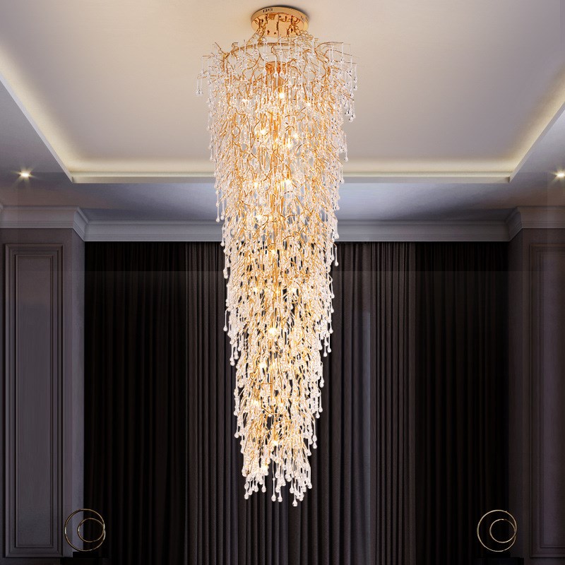 别墅大客厅长吊灯楼梯间轻奢水晶复式大吊灯挑空中空艺术树枝灯具