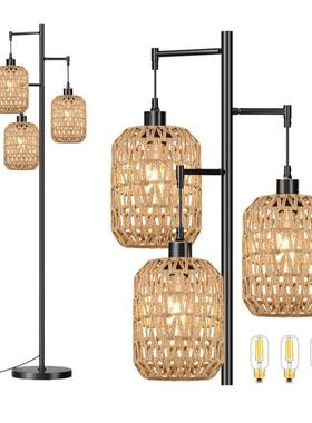 美式多头落地麻绳藤编藤头艺复古卧室客厅床书房3头灯笼地子96622