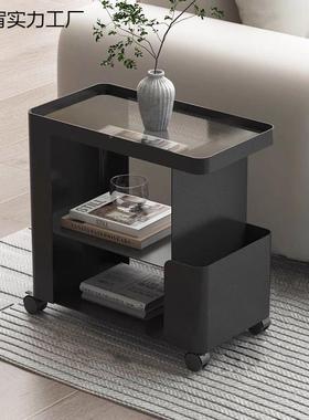 VBE黑色沙发边几可璃厅移动小茶客轻奢小推车铁几艺带轮玻床头柜