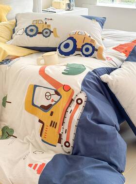 通男孩机工床程车水洗棉四件卡套儿童XGC可爱纯械棉被套单床上用