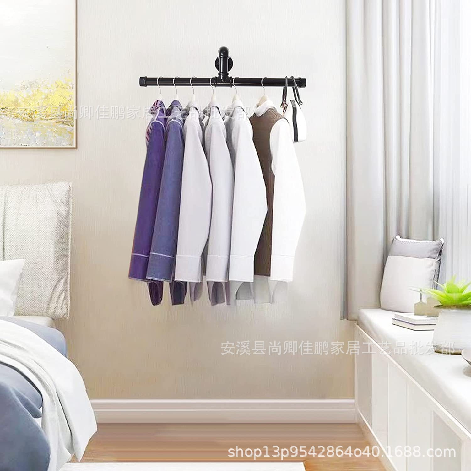 工业管重型乡村衣服壁挂式零售展示用可拆卸黑铁金属服装条
