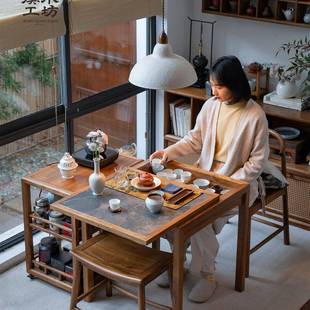 阳台茶桌实木椅小型几家用板HOX泡茶台茶桌岩组合