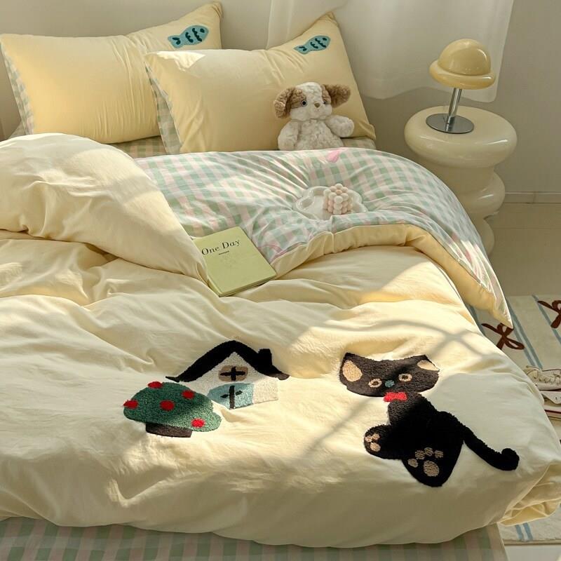 卡通文猫毛德巾绣磨毛秋床上四件套被套床单可学生WLX宿爱舍冬三