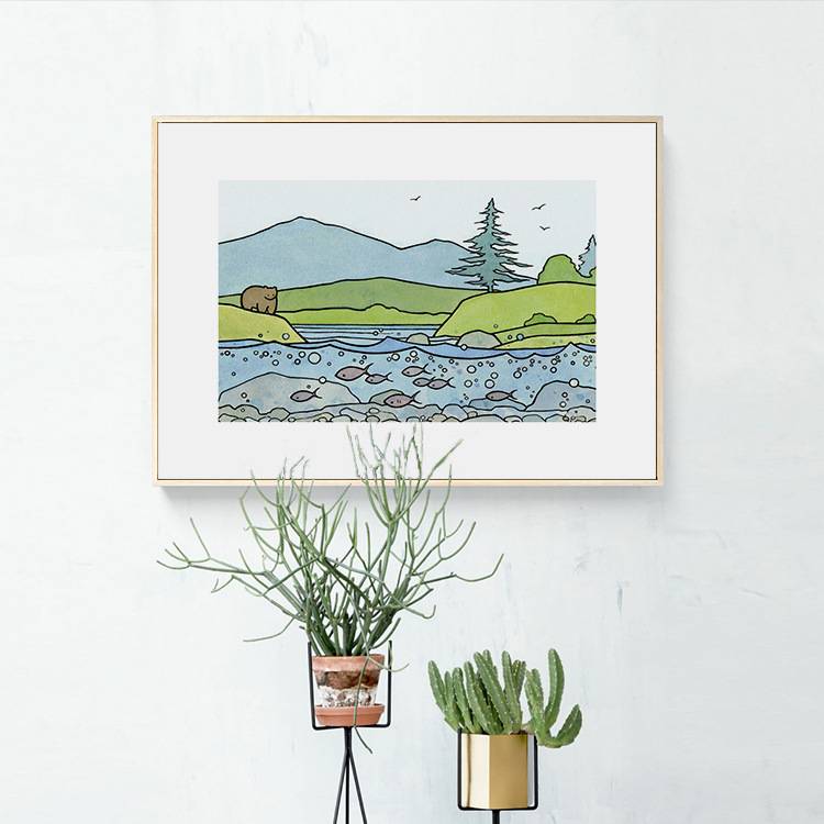 日韩简约温馨可爱卡通简笔装饰画海滩森林小动物挂画客厅卧室书房图片