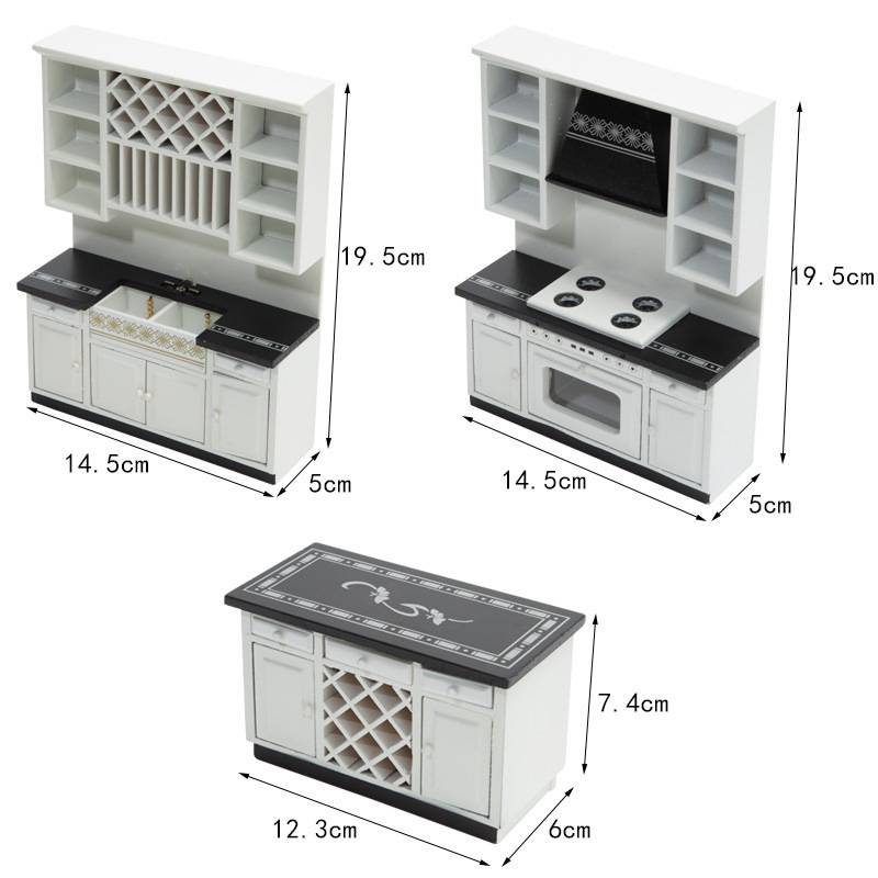 dollhouse娃娃屋配件现代厨房柜子三件套迷你厨房过家家微缩家具
