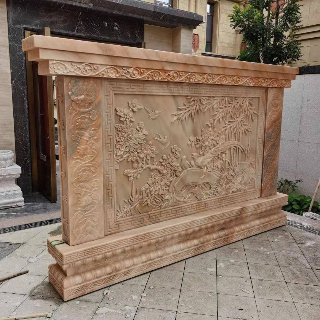 石景雕中影壁墙白玉九汉龙照壁浮雕屏风花岗岩背画庭院式玄关屏风