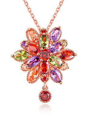 新款多层彩钻项链时尚龙女花超闪锆石吊坠立体镂空锁骨链饰品