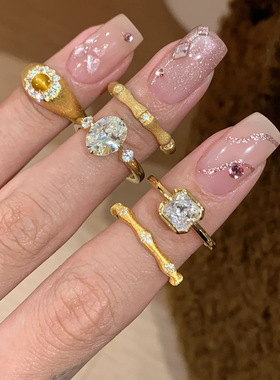 中古风拉丝闪钻锆石素圈戒指女小众感轻奢百搭食指戒新品