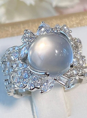 蛋面水沫玉满钻镶嵌戒指女开口可调节新中式轻奢小众设计感ins风