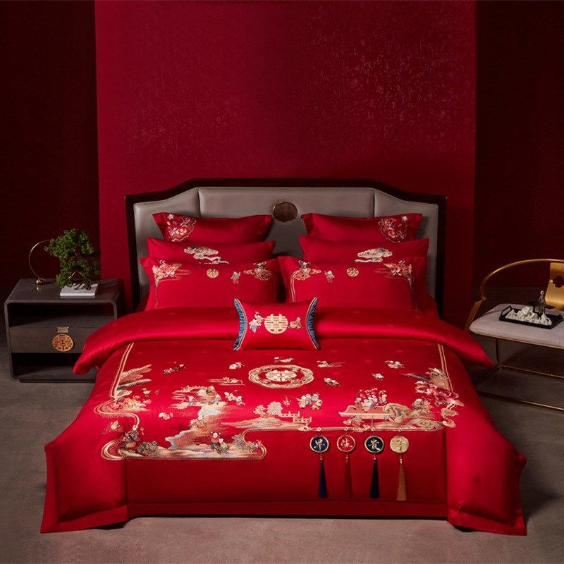 高端160支双股长绒棉提花绣花四件套棉大红结婚床上六件套/十件套