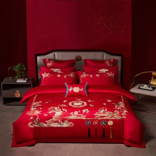 高端160支双股长绒棉提花绣花四件套棉大红结婚床上六件套/十件套