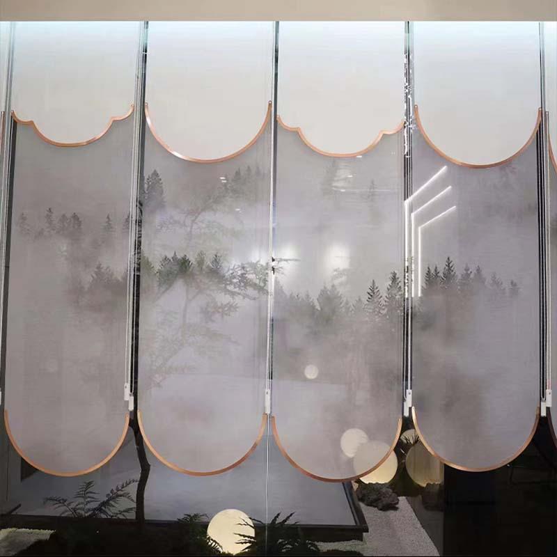 厂家中式梦景卷帘新窗帘客帘厅餐智厅茶室屏-风帘隔断帘挂式能电
