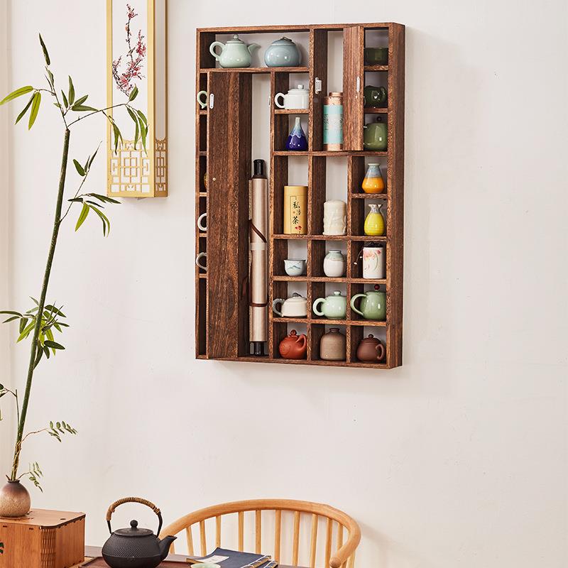 新中式盖板多壶宝实木博古架古董架挂式客阁厅现壁代家具茶置BYZ