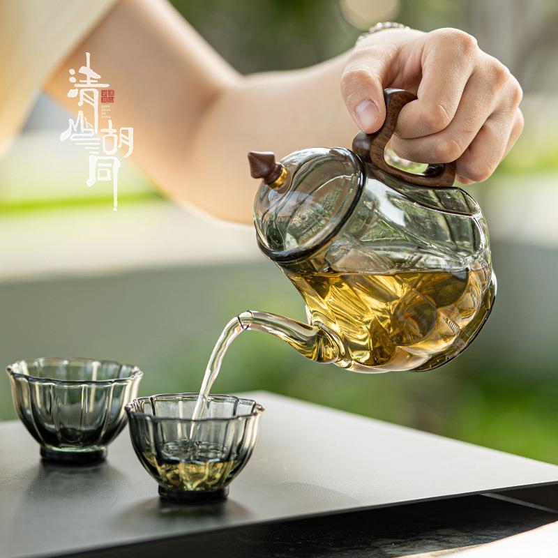 复古玻璃壶绿茶仿宋壶加厚莲花心型花茶手执壶带滤孔茶家用耐煮茶