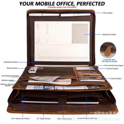欧美马复古拉链疯30978商务会议文件夹销皮售合同大容量收纳文件
