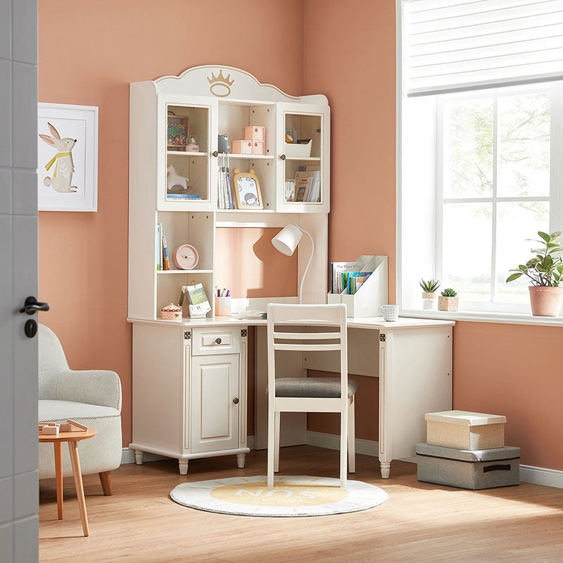 林氏木业现代简约儿童转角书桌椅小户型卧室书架书桌书柜一体桌子