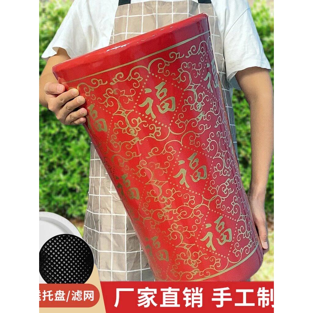 中国红陶瓷花盆福字高筒金花吉祥如意花盆陶瓷落地陶瓷大花盆微瑕