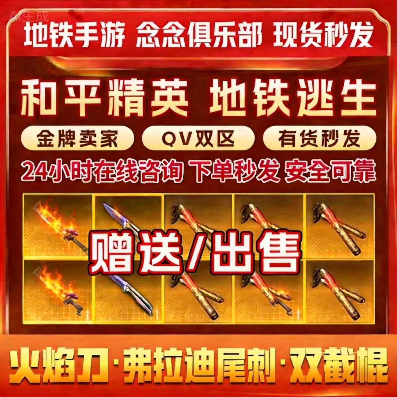 和平精英地铁双截棍火焰刀蝴蝶刀拳套尾刺战镰碎刃地铁装备出售