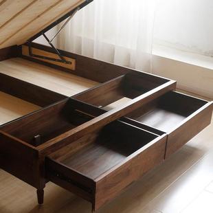 581式复古黑胡桃木5全实木储物床1.米1.8法米中古风樱木双人抽屉