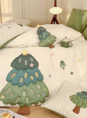 被小清新卡风刺25701绣绒套床上用品多件套纯棉长棉四件套家纺棵