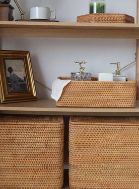 越南藤编收筐编织带开放格卫生书架储RRX纳物框间衣服盖整理箱大