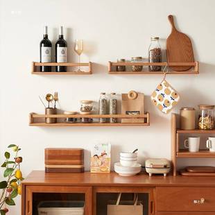 0J樱桃木墙上置物架免打孔实木书架杂志架客厅壁挂式木质绘本隔板