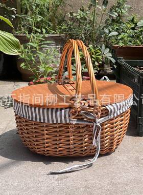 餐10562篮户外郊藤编野餐篮子手提野编织带餐具春游网盖游红用品