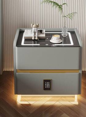 轻奢智能木P372A床头柜带实室感应灯用指纹锁现代简约家卧多功能