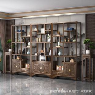 新中式博古架实木多宝阁老榆木茶室茶具置物架展示架客厅隔断木柜