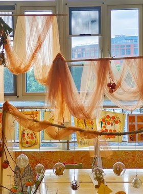 橙色美拉德系纱幔网纱布料幼儿园自然角秋季氛围感装饰晒秋收背景