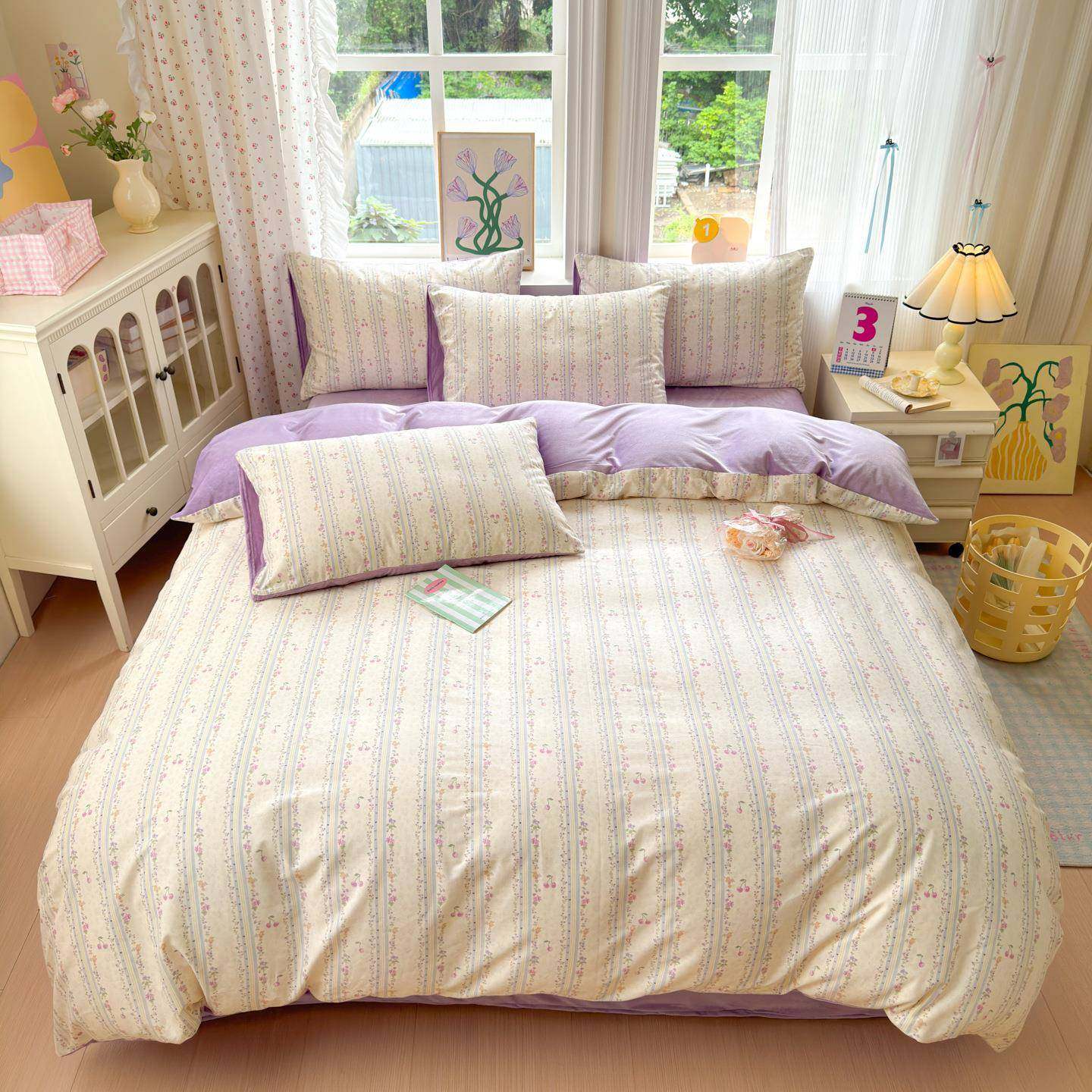 全棉印花棉加绒四B件套aA面纯棉面婴儿绒保暖单人双RVF套件b版单