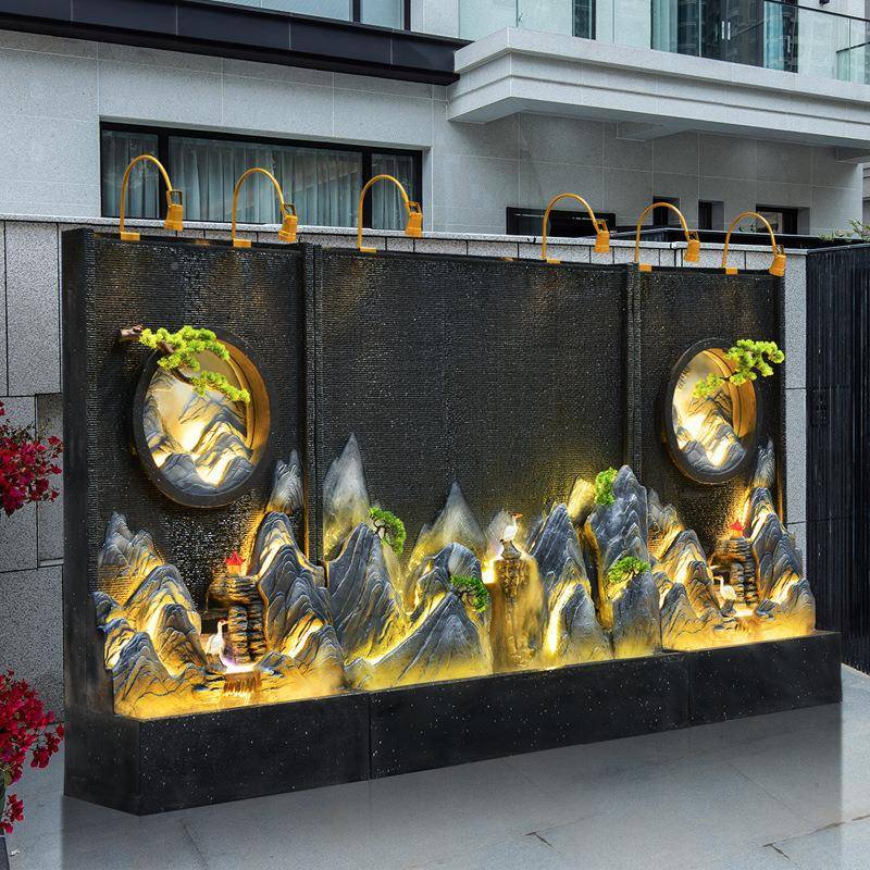 假厅山FWW流喷泉水玄幕墙水流水墙酒店大办公室关风水轮招财摆件