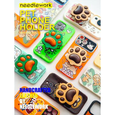 双针一行猫爪和狗爪手机安全气囊架新型伸缩防摔自粘真皮手机套吊