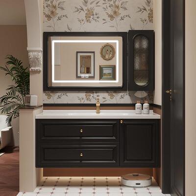 法式覆古橡木烤漆智能组合浴室柜化妆室陶瓷一体盆洗手洗脸洗漱台