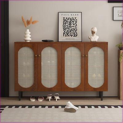 实木包安装藤编鞋柜家用门口阳台覆古玄关靠墙储物柜入户客厅收纳