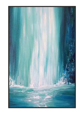 客厅蓝色抽象瀑布肌理画玄关流水生财纯手绘油画书房饭厅装饰挂画