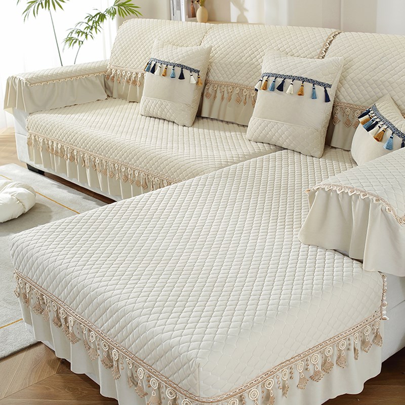 纯色水晶绒沙发垫米白色四季通用欧式裙摆防滑垫套罩贵妃全包定做